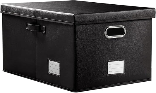 PRANDOM Collapsible Storage Box with Lid [1-Pack] Leather Fabric Foldable Storage Bin Organizer Container Basket Cube with Cover for Home Bedroom Closet Office Nursery Black (22.8X15.7X11.8)