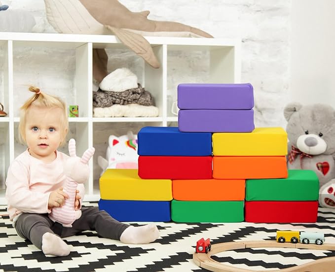 Toddler Foam Buliding Blocks - 12 Piece Fabric Covered 9x4x3inch Stacking Block Sets - Colourful Soft Play Set for Kids Idea for Building and Throwing Fun