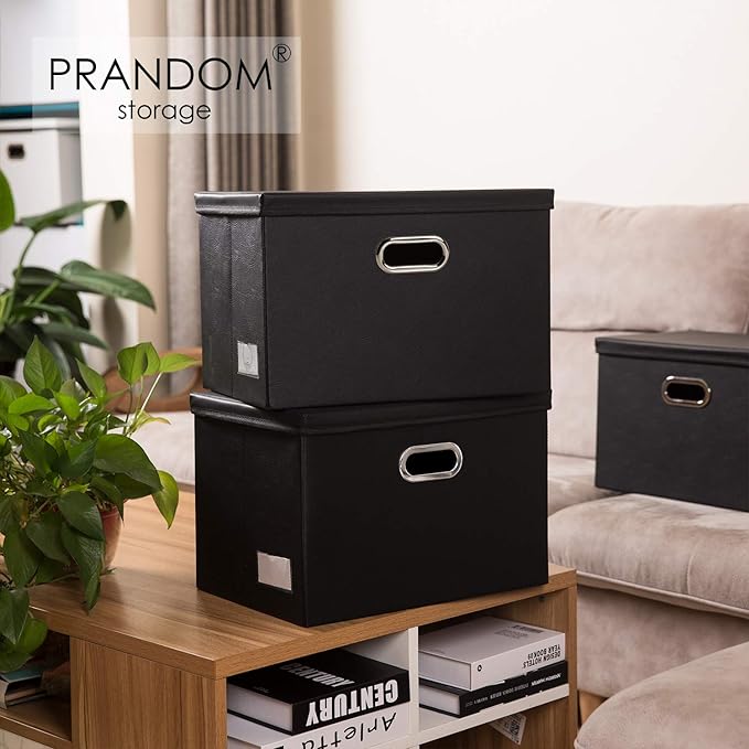 PRANDOM Extra Stackable Storage Bins with Lids [5-Pack] Leather Fabric Foldable Storage Boxes Organizer Containers Baskets Cube with Cover for Bedroom Closet Office Nursery Black (22.8x15.7x13.8)