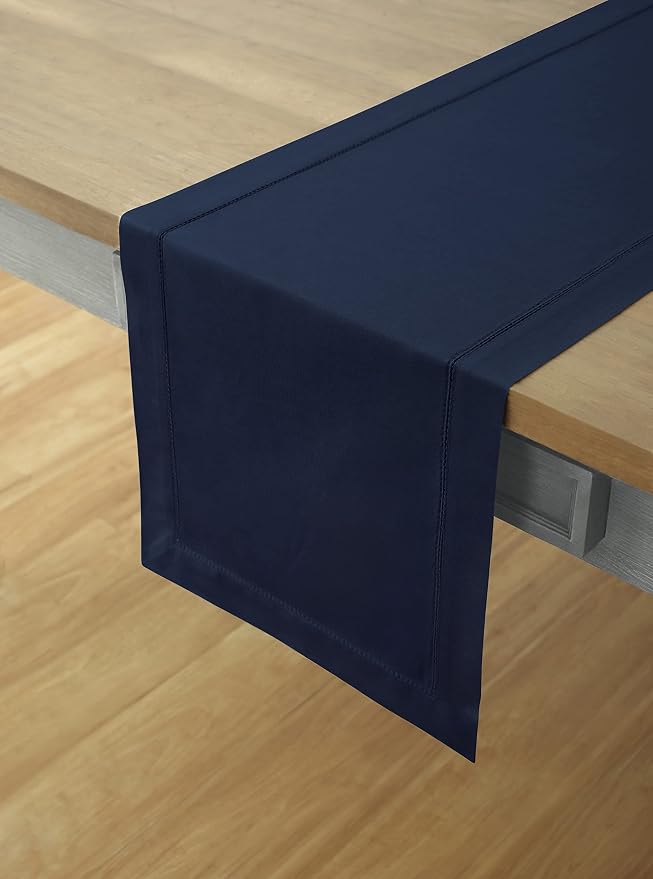 Solino Home Cotton Linen Dining Table Runner Navy Hemstitch, 14 x 120 in | - Image 2