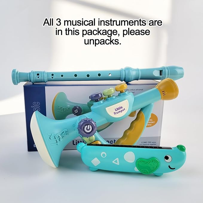 Generic Toddler Musical Instruments Toy, Trumpet, Harmonica, Recorder Flute for Kids Baby, Musical Toys Set for Children, Gifts for Boys Girls Ages 2 3 4 5, Blue