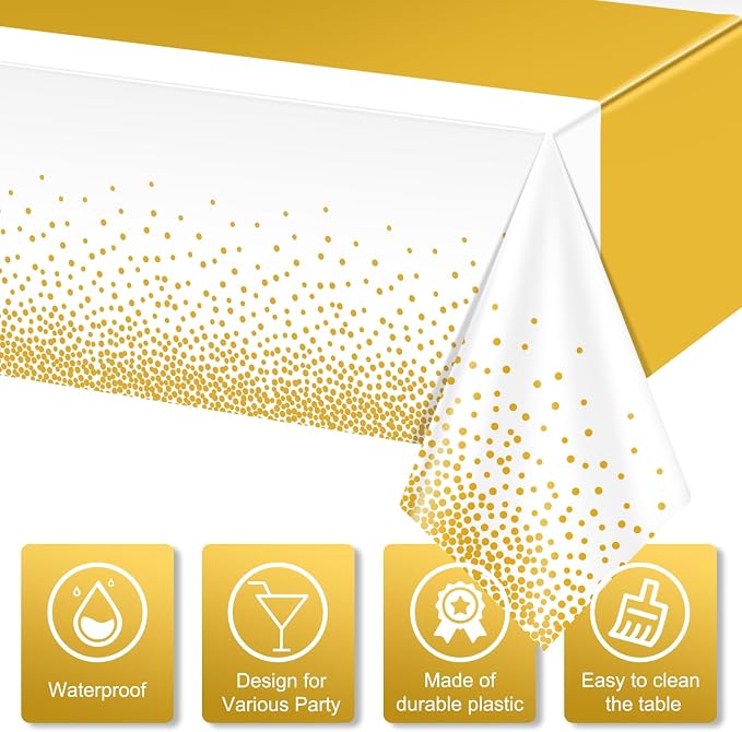 3Pcs White and Gold Tablecloth Party Decorations, Plastic White Table Cloth - Image 3