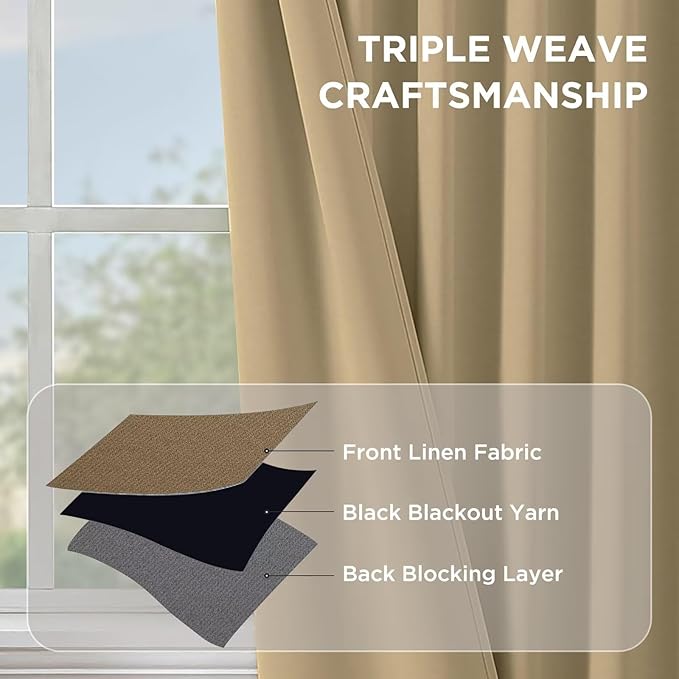 Joydeco 90 Inch Blackout Curtains for Bedroom, Thermal Insulated Black Out Curtains 2 Panels Se, Room Darkening Drapes for Living Room Window Rod Pocket Back Tab (W52 x L90 Inch, Beige)