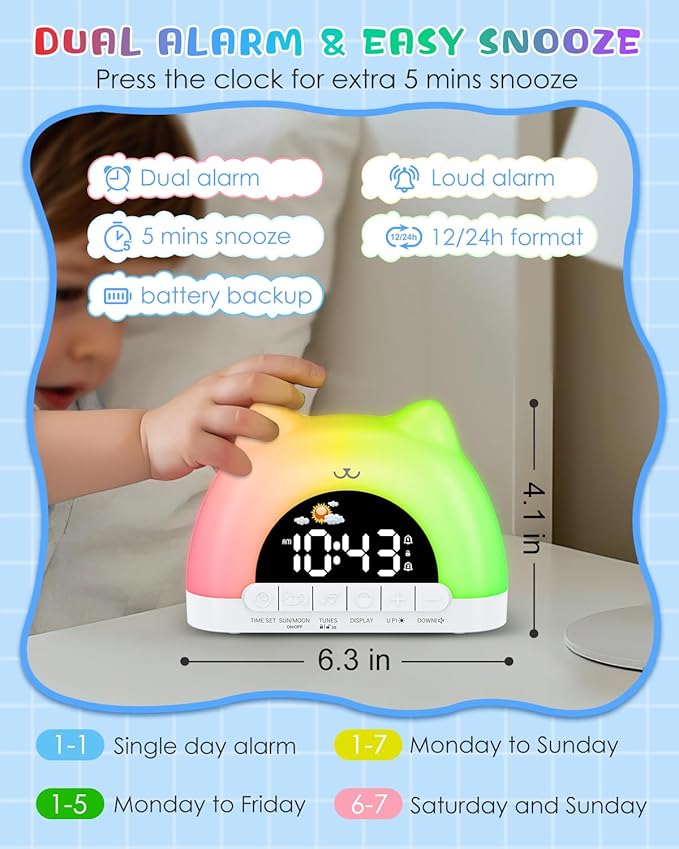 Kids Alarm Clock, OK to Wake Clock for Kids, Cat Clock with 11 Colors Night Light, 10 Soothing Sounds, Child Lock, Dual Alarms, Sleep Training, Birthday Gift for Boy Girls Children