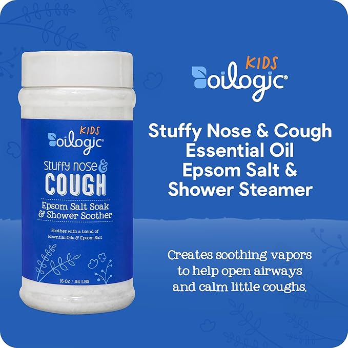 Oilogic Kids Stuffy Nose & Cough Epsom Salt Soak & Shower Soother - Made with Blended Essential Oils