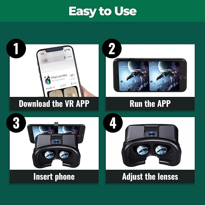 VR Headset for Phone, Anti-Blue Lens PD & Fl Adjustable Virtual Reality Goggles Set for Kids and Adults, Compatible with iPhone 16/15/14/13/12 Samsung Android 4.5-6.7"