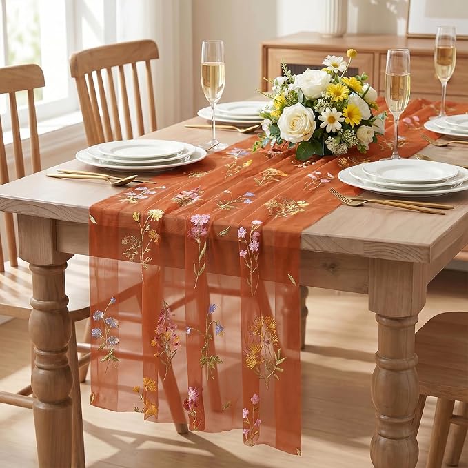 Artoid Mode Wildflower Floral Caramel Gauze Embroidery Table Runner 120 Inch - Image 2