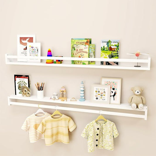Fun Memories Nursery Book Shelves - Rustic Natural Solid Wood Floating Bookshelf for Kids - Wall Book Shelves for Kids Room (White, 48inch - 2P)