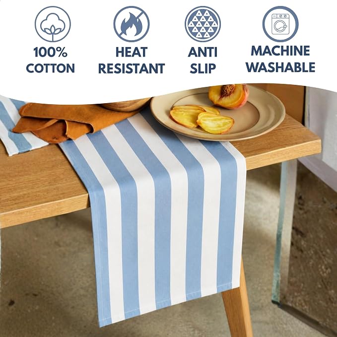 Folkulture Table Runner 108 Inches Long Blue & White Striped Cotton Coastal - Image 3