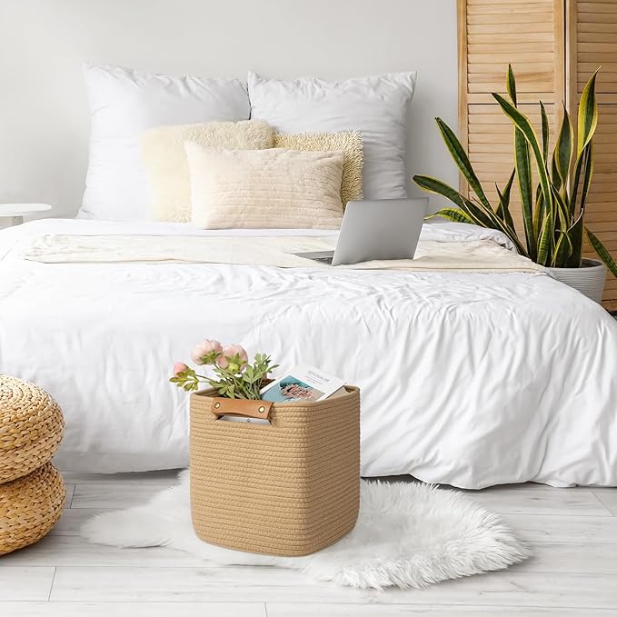 danpinera 3 Pack 11 Inch Woven Baskets for Storage, Stylish Storage Baskets for Shelves, Laundry, Bathroom, Kitchen, Cube Storage Bin, Cotton Rope Boho Baskets, Jute