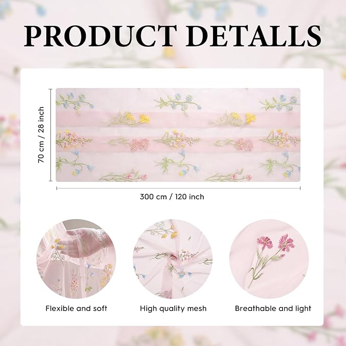 Artoid Mode 3PC Wildflower Floral Light Pink Gauze Embroidery Table Runner 120 - Image 6
