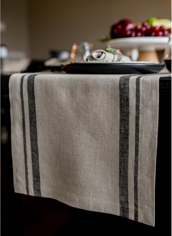 Solino Home 100% Pure Linen Table Runner, 14 x 108 in, French Stripe | Table - Image 2