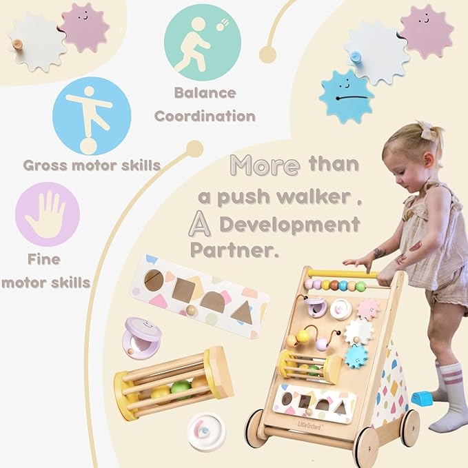 Wooden Baby Walker, Baby Push Walker Baby Walkers for Boys, Montessori Toys & Activity Center for Baby Adjustable Speed Baby Walker with Wheels, Walking Assistance for Baby Girls