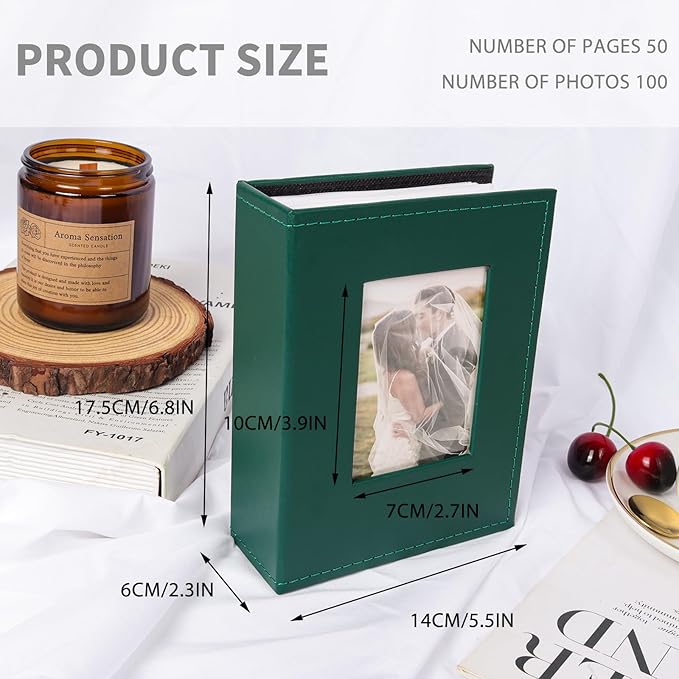 RECUTMS Photo Album 4x6 Photos - 100 Photos Small Capacity Premium Leather Cover Photo Book, Small Photo Album for Wedding Family Baby (Dark Green)