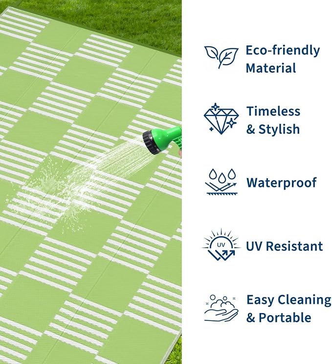 Garvee Waterproof Outdoor Rug 9x12, Checkered Foldable Plastic Straw Patio - Image 2