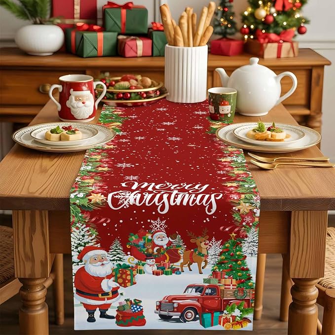 Merry Christmas Table Runner 70 Inches Long, Santa Xmas Tree Snowflake Table - Image 5