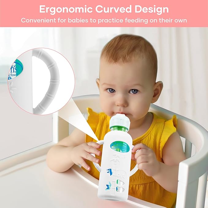 2 Pack Silicone Sleeves for Dr. Brown's Glass Baby Bottles, Anti Breakage Durable Baby Bottle Holder with Easy Grip Handles, Narrow Sleeve with a Cutout, Dishwasher/Freezer/Microwave Safe, 8 oz