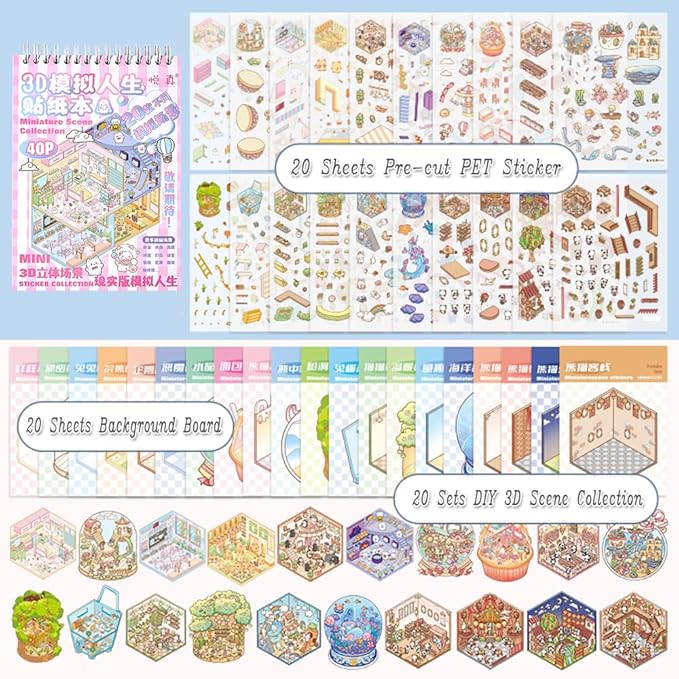 Dwpetzo 20 Sets DIY 3D Sticker Scenes for Adults with Tweezer, Cute 3D House Sticker Therapy for Girls Make Your Own Mini Room Scene Collection Book for Adult Kids Relief Stress Pass The Time