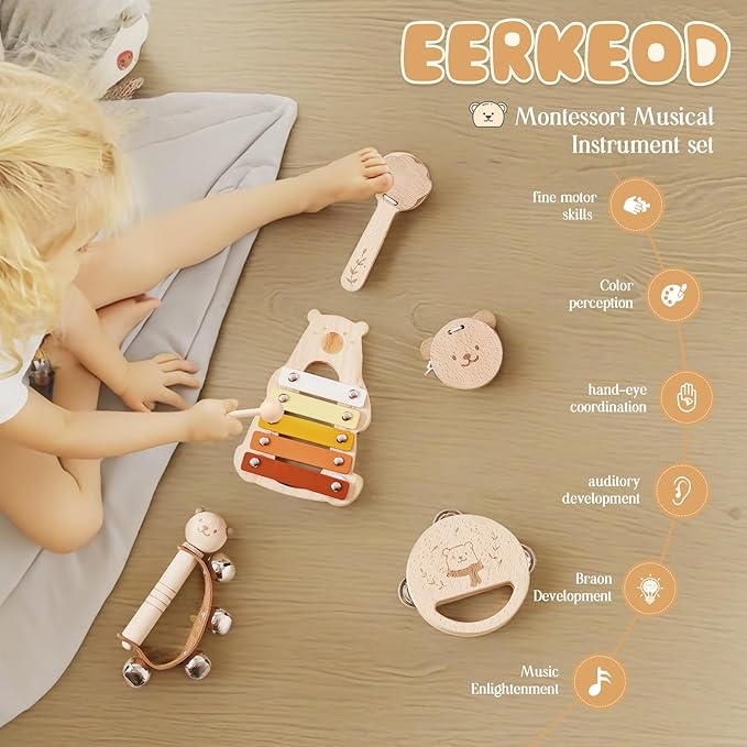 EERKEOD Toddlers Montessori Wooden Toys Percussion Musical Instruments with Xylophone Set for Girls Boys Kids Preschool Educational Toys