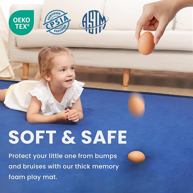 Baby Play Mat for Floor,1.3" Thick Memory foam Tummy Time Mat for Toddlers,Infants,kids,Water-Repellent Soft Nursery Rug ,79"×79" Extra Large Non Slip for Crawling&Yoga,Tatami Style for Living Room(Royal Blue)