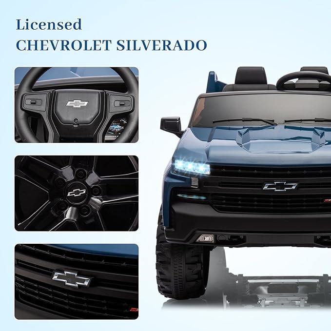 Hetoy 24V 2-Seater Truck Licensed Chevrolet Silverado Ride On Car Toy w/Parent Remote Control,4xSpring Suspension, 3 Speeds, Wireless Music, MP3 Player, Electric Vehicle Car for Kids, Blue