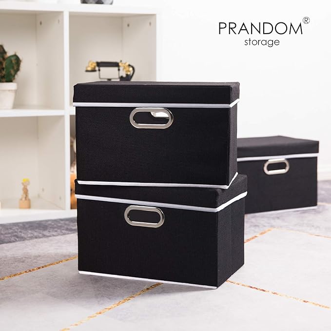 PRANDOM Foldable Storage Bin with Lid [5-Pack] Linen Fabric Decorative Storage Box Organizer Container Basket Cube with Handles Divider for Closet Office Living Room Black(14.9x9.8x9.8)