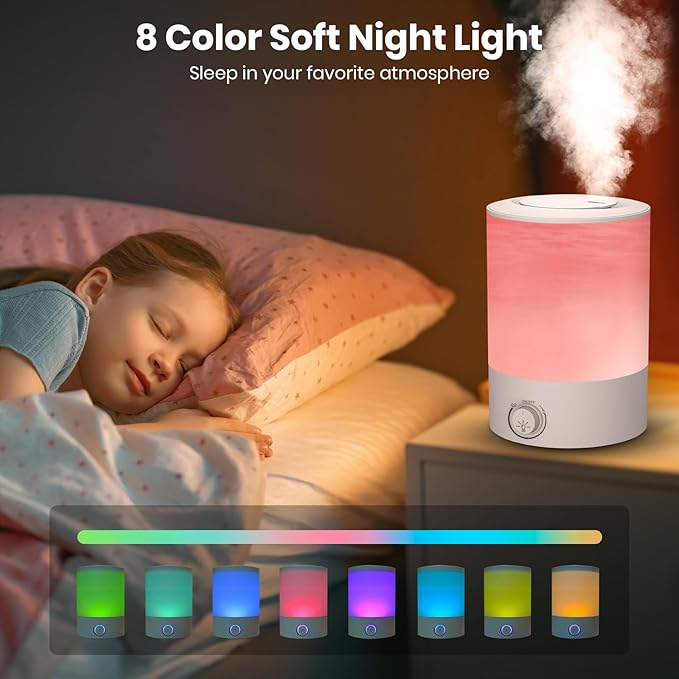 Esemoil Humidifiers for Bedroom, 2.5L Cool Mist Ultrasonic Air Humidifier with Top Fill & Quiet, 360° Nozzle, BPA Free, 25 Hour Diffuser with 8 Color Light & Auto Shut-off for Home Baby Nursery Plants
