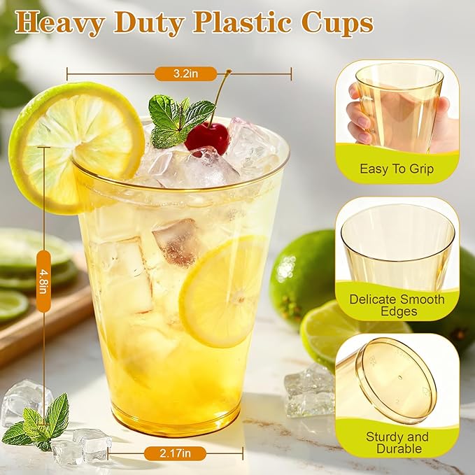 Glowserve 200 Pack 12 oz Gold Disposable Plastic Cups Cocktail Glasses | Cold - Image 2