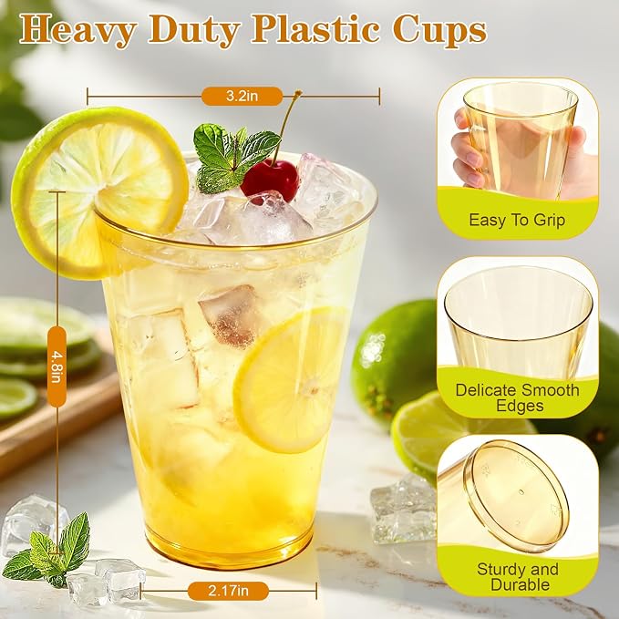 Glowserve 50 Pack 12 oz Gold Disposable Plastic Cups Cocktail Glasses | Cold - Image 3