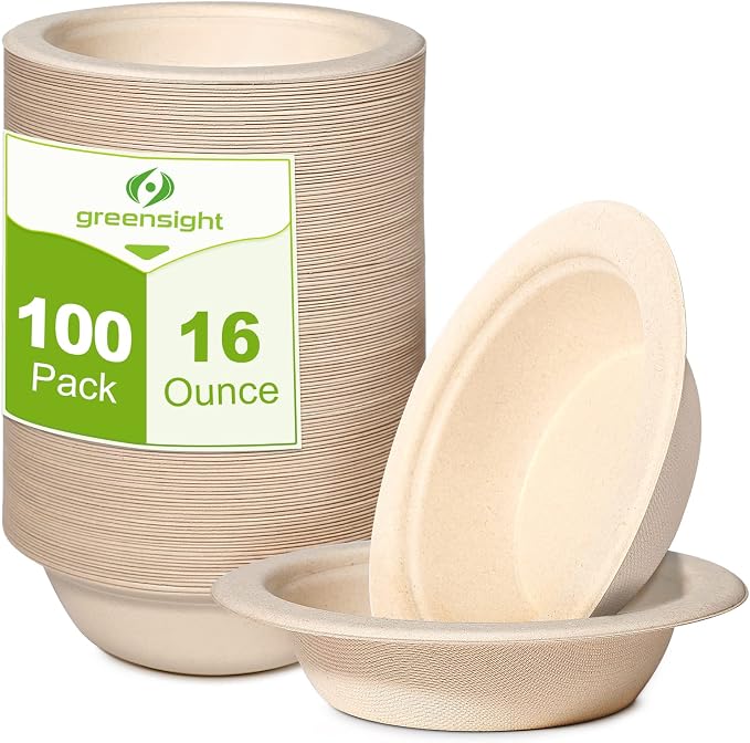 greensight Disposable Paper Bowls 16oz, 100 Pack Eco-friendly Compostable | by greensight