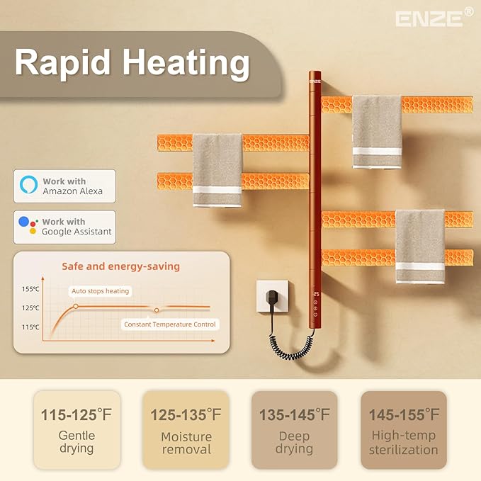 ENZE Smart Rotating Heated Towel Rack for Bathroom, Wall-Mounted Electric Towel Dryer with Swivel Bars, Smart Timer, Low Carbon Steel, IPX5, Plug-in/Hardwired, Towel Warmer with Wi-Fi App Control