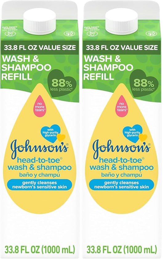 Johnson's Head-To-Toe Gentle Body Wash & Shampoo for Baby's Sensitive Skin & Hair, Tear-Free, Sulfate-Free & Hypoallergenic, Value Size Refill, 33.8 fl. oz (Pack of 2)
