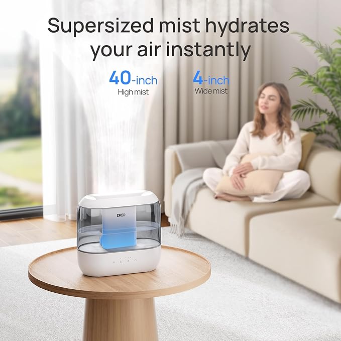 Dreo Top Fill 4L Humidifiers for Bedroom, 36H Runtime, 28 dB Quiet Cool Mist Supersized Air Humidifier for Large Room, Plants, Baby Nursery, Indoor, Night Light, Easy to Clean & Fill, Gray