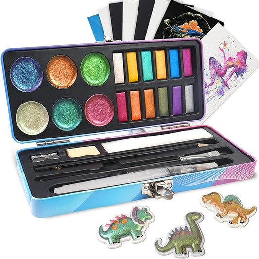 Watercolor Paint Set, 18 Colors Glitter Watercolor Paint Kit (12 Metallic & 6 Chameleon), Portable Travel Set with Water Brush Pen, Pencil, Eraser, Paper - Ideal for Drawing and Art Supplies, Adults, Beginners