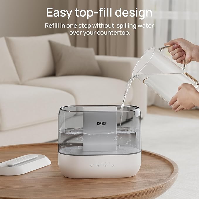 Dreo Top Fill 4L Humidifiers for Bedroom, 36H Runtime, 28 dB Quiet Cool Mist Supersized Air Humidifier for Large Room, Plants, Baby Nursery, Indoor, Night Light, Easy to Clean & Fill, Gray
