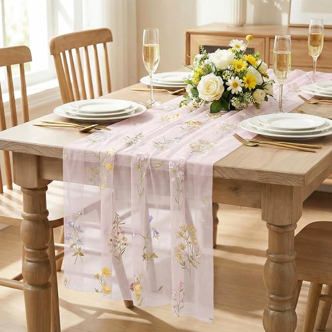 Artoid Mode Wildflower Floral Light Pink Gauze Embroidery Table Runner 120 Inch - Image 2