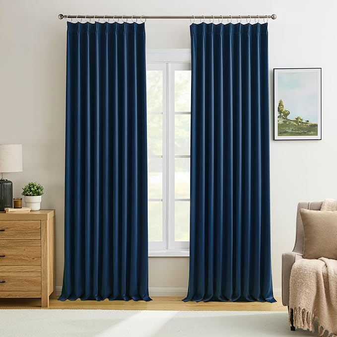 KEQIAOSUOCAI 2 PCs Navy Blue Pleat Wide Drapes for Sliding Glass Door 60 Wide x 102 Inch Long, Privacy Light Block Noise Reduce Insulated Ceiling to Floor for Locker Room Basement Bedroom Closet