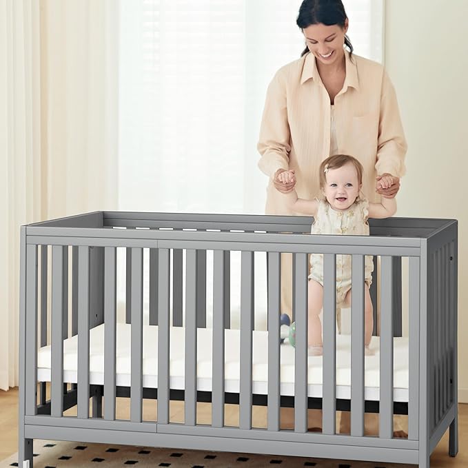 EvoNest Baby Crib, 11 in 1 Convertible Mini Crib with Wheels, 100% New Zealand Wood Growing Bed, 4 Adjustable Mattress Height,Grey
