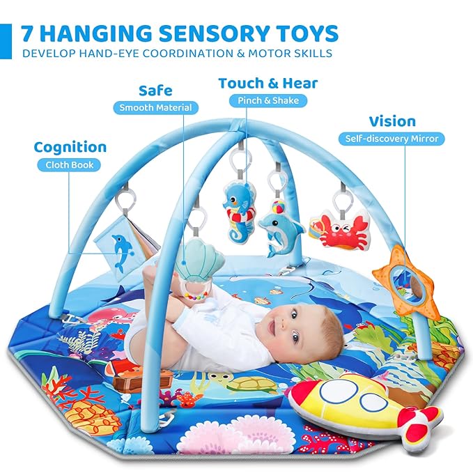 Baby Gym Play Mat, 8-in-1 Ocean Theme Tummy Time Mat & Ball Pit, Washable Baby Activity Play Mat for Visual, Hearing, Sensory, Motor Development, Baby Toys Gift for Toddler Infant 0-3-6-9-12-18 Months