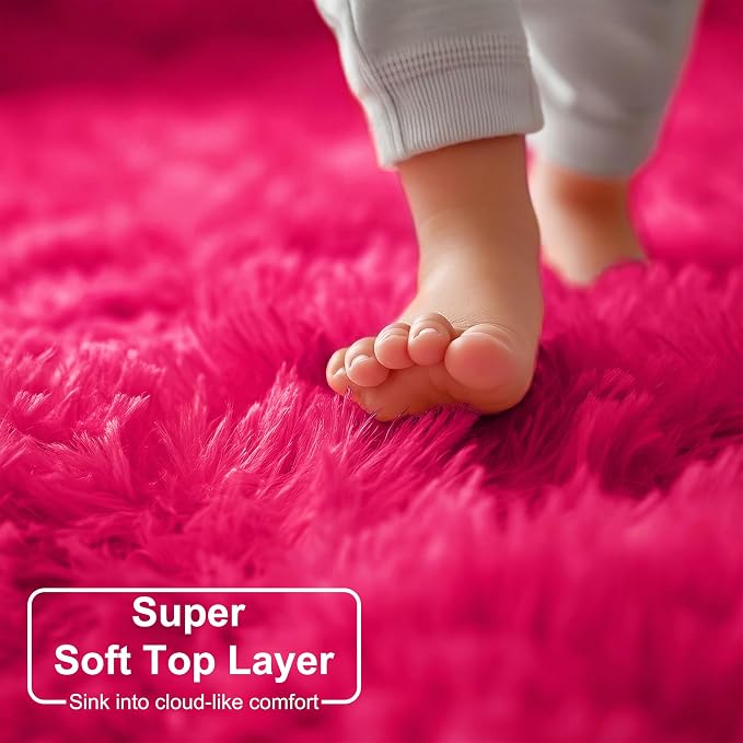 Hot Pink Small Round Rug 3Ft for Girls Bedroom, Fluffy Circle Area Rugs for - Image 3