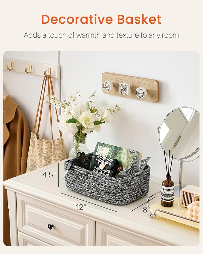 KALLAX Small Woven Basket, 12 x 8 x 4.5 Inches, Storage Basket for Organizing, Cute Small Rope Shelf Closet Cube Storage Bins Baskets for Shelves, Dog Toy Gift Baskets Empty, 3 Pack Mixed Black