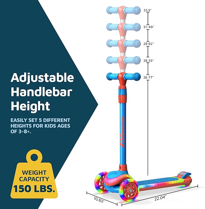 3-Wheel Kids Scooter with Multi-Color Lights on Deck & Wheels – 5-Height Adjustable Handlebar, Wide Anti-Slip Deck, Child Safety Certified, Boys & Girls Ages 3+ Supports Up to 150 lbs
