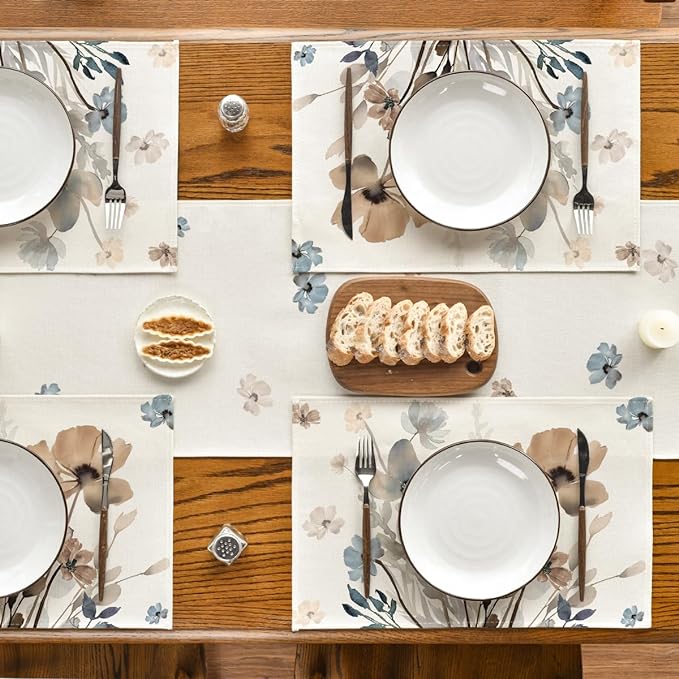 Artoid Mode Brown Poppy Floral Leaves Fall Placemats Set of 4, 12x18 Inch - Image 5