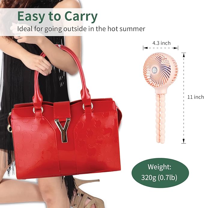 snawowo Mini Handheld Personal Portable Fan, Baby Stroller Fan, Car Seat USB or Battery Powered, with Flexible Tripod Clip on Student Bed Desk Bike Crib Treadmill Camping Traveling(Pink)