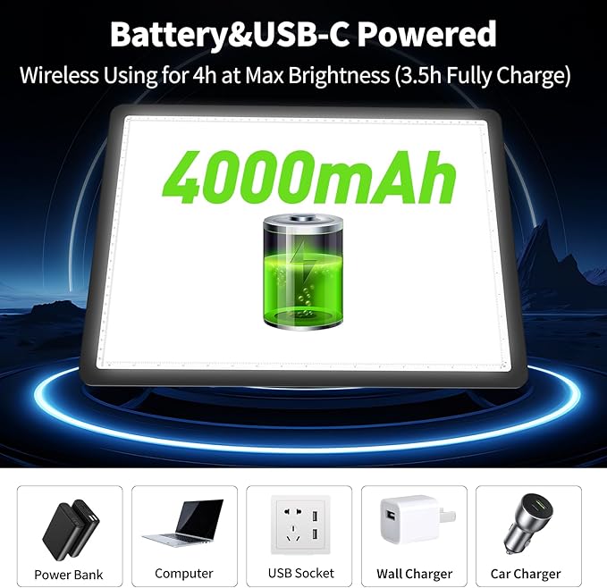 Phylosal Rechargeable A3 LED Light Pad for Diamond Painting, Ultra-Thin Magnetic Tracing Light Box for Drawing, Diamond Art Light Board with Side Button, Super Bright Light Table for Sketching (Black)