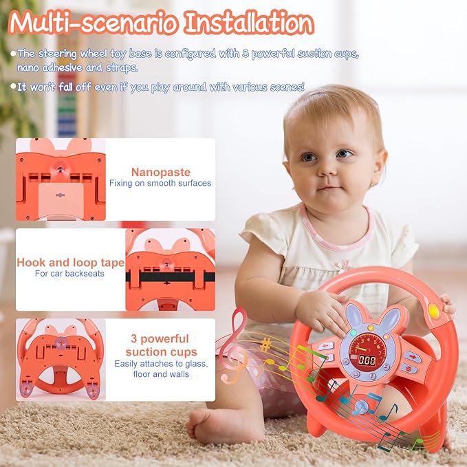 Steering Wheel Toy,Driving Steering Wheel Toy for Kids Backseat,Interactive Educational Learning Sensory Toy with Vibration,Simulated Car Toys with Light Songs for Infant Preschool Kids Toddler Gifts