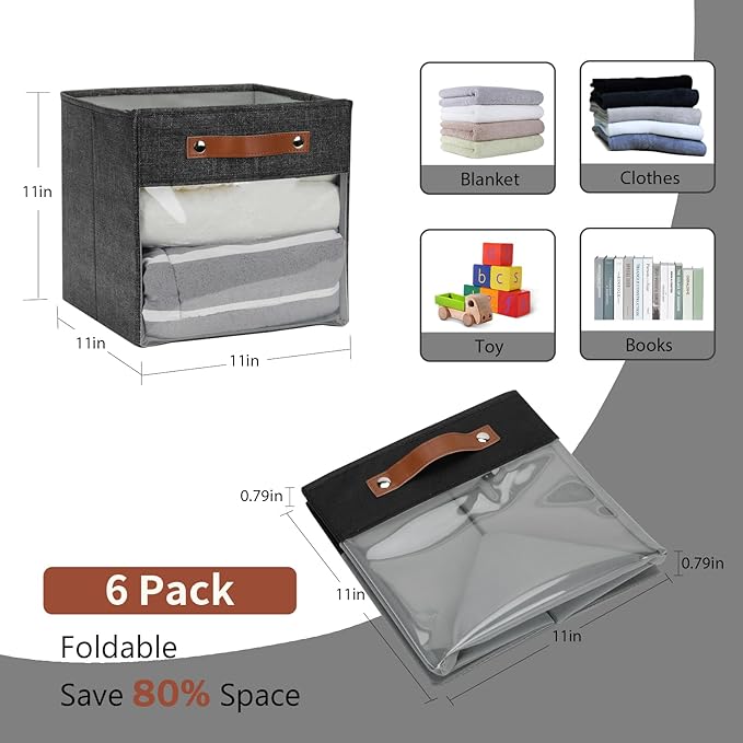 HNZIGE Fabric Cube Storage Bins 11 x 11, Collapsible Storage Cubes Bins for Storage Shelves,Foldable Cube Storage Bins for Storage, Cubby Closet Clear Bins for Storage Blanket(Prints Black 6PCS)