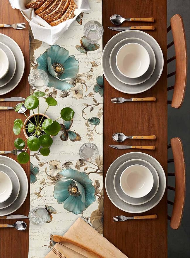 Turquoise Tulip Table Runners 36 Inches Long, Spring Vintage Botanical Table - Image 5