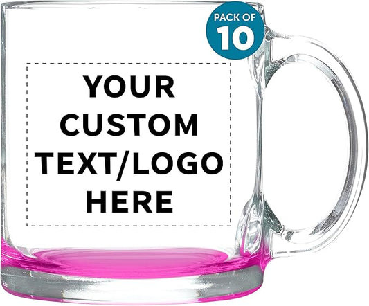 Custom Libbey Clear Glass Coffee Mugs 13 oz. Set of 10, Personalized Bulk Pack - Perfect for Coffee, Tea, Espresso, Hot Cocoa, Other Beverages - Pink Bottom