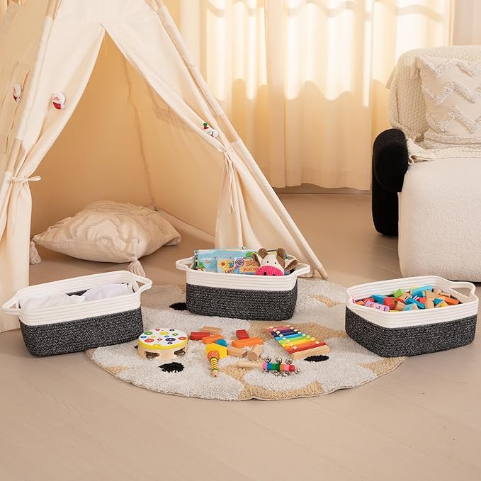 OIAHOMY 3 Pack Storage Baskets for Organizing, Woven Cotton Rope Basket for Shelves, Closet Organizer Bins with Handles, Rectangle Toy Organization, 13.78''×9.84''×5.5'', Black & White